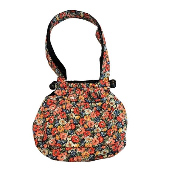 Vintage Wooden Handle Bag Fabric Bermuda Bag Floral Boho MCM Cottage Core - Picture 2 of 7